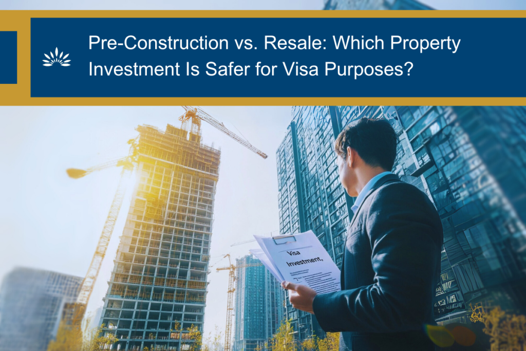 An illustration comparing a partially built house (pre-construction) and a move-in-ready home (resale), highlighting which property investment is safer for visa eligibility and long-term ROI. (1)