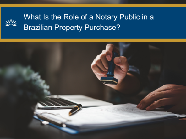 A Brazilian notary public reviewing and stamping official real estate documents, emphasizing their critical role in ensuring legal compliance and authenticity during a property purchase.