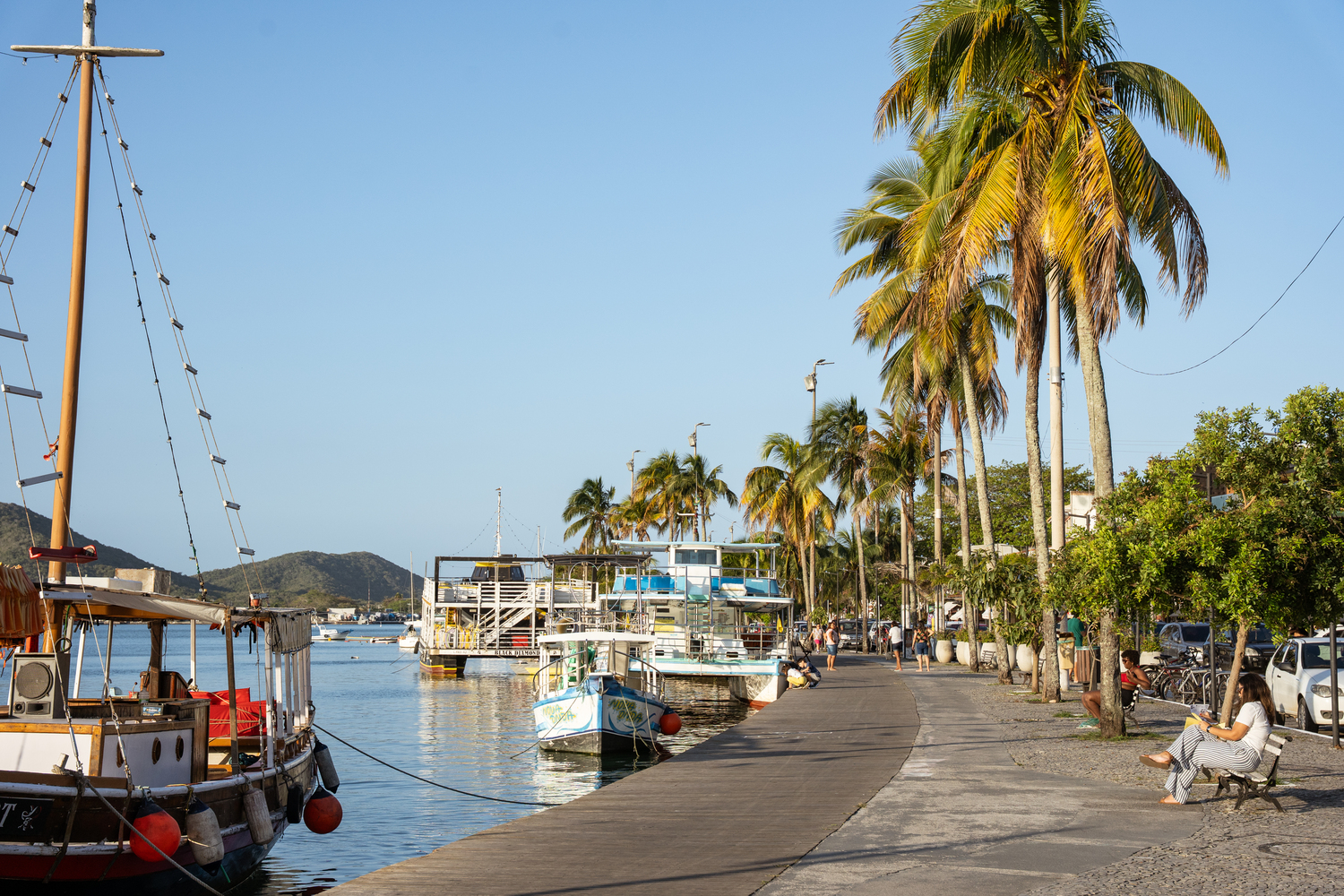 Boulevard Canal in Cabo Frio with colorful boats moored along the waterfront