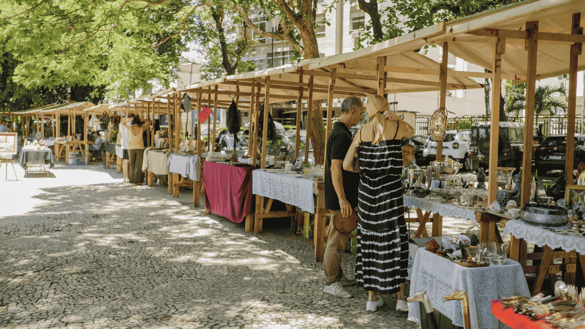 Neighborhood commerce and street market scene in Gavea, Rio de Janeiro